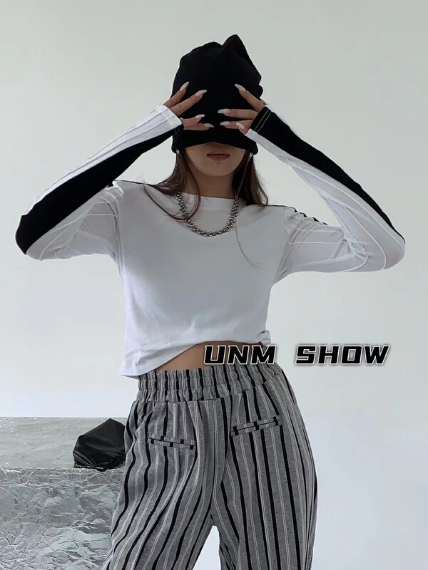New year in early spring! [unm-show] shoulder contrast short long sleeve T-shirt 6061# WTT