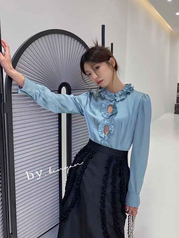 goods in stock! New year in early spring! [benyan] Korean lotus leaf collar hollowed out shirt 7590# zxx