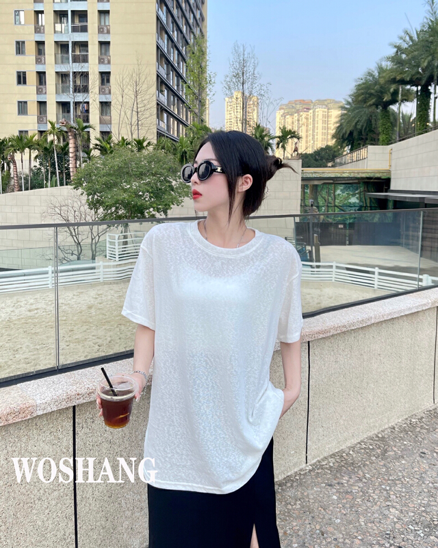[woshang woshang] design sense round neck simple loose versatile short sleeve T-shirt 1163# XYJ