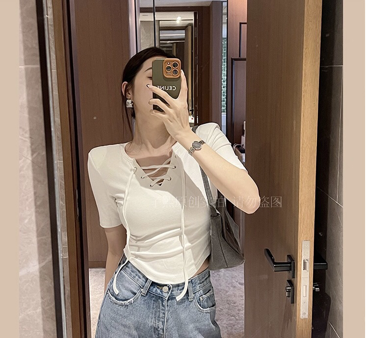 New in early summer! [fan fan] Korean version of versatile fashion tie rope blouse 5585# JJ