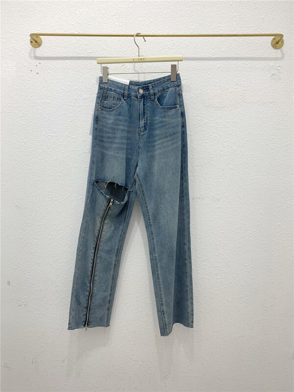 [u.she] Korean version zipper jeans with hole breaking design 39110# cqw