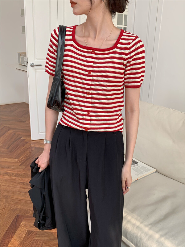 New in early summer! [six plus] niche design stripe versatile knit shirt 89719# CLS