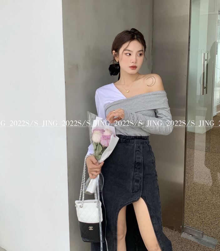 [Jing] temperament color contrast design V-neck shirt 6607\cqw