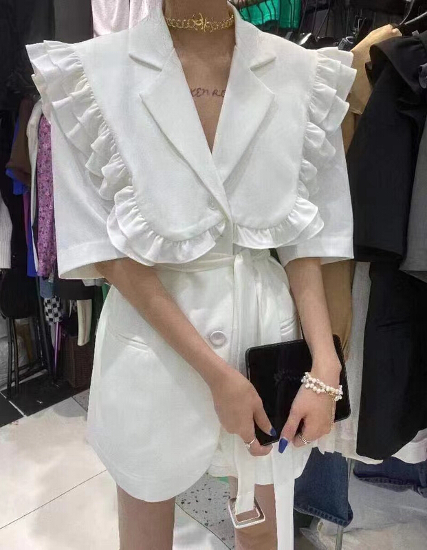 [mi ni] Korean version large lapel and ear edge dress (with belt) 2924# PCZ