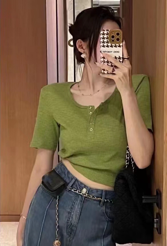 [kakajia] crew neck snap on shoulder pad design, versatile blouse 2108# ozq