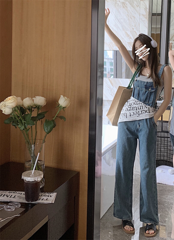 [ten. 10] Korean Vintage embroidered High Waist Wide Leg Denim suspender pants (excluding inner layer) 3668# WPL