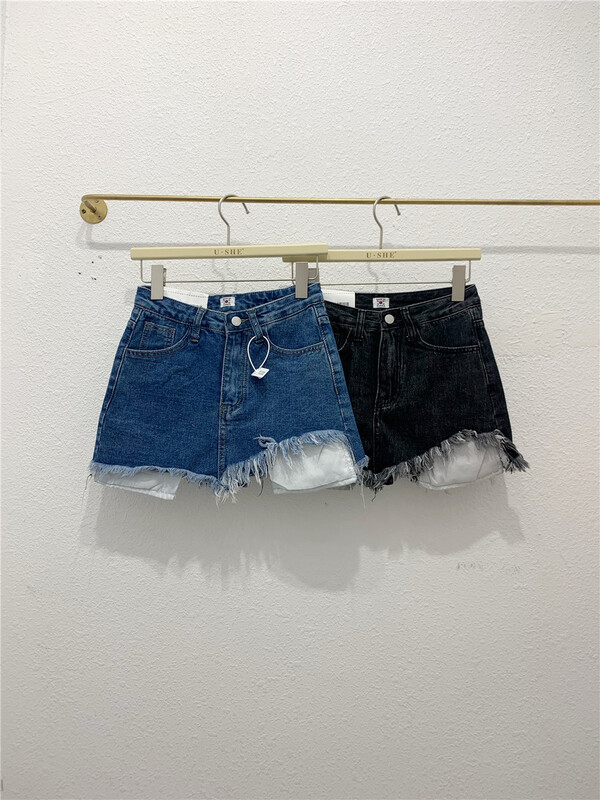 [u.she] Korean personalized color blocking denim shorts 6259# cqw