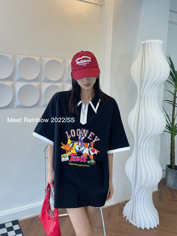 [Meet Rainbow] Polo neck Bunny print short sleeve T-shirt 28685# LSL