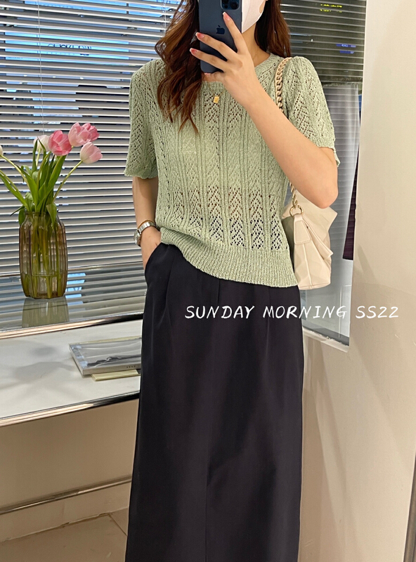 [Sunday morning] simple solid color Crochet bubble sleeve short sweater 059# ZSY