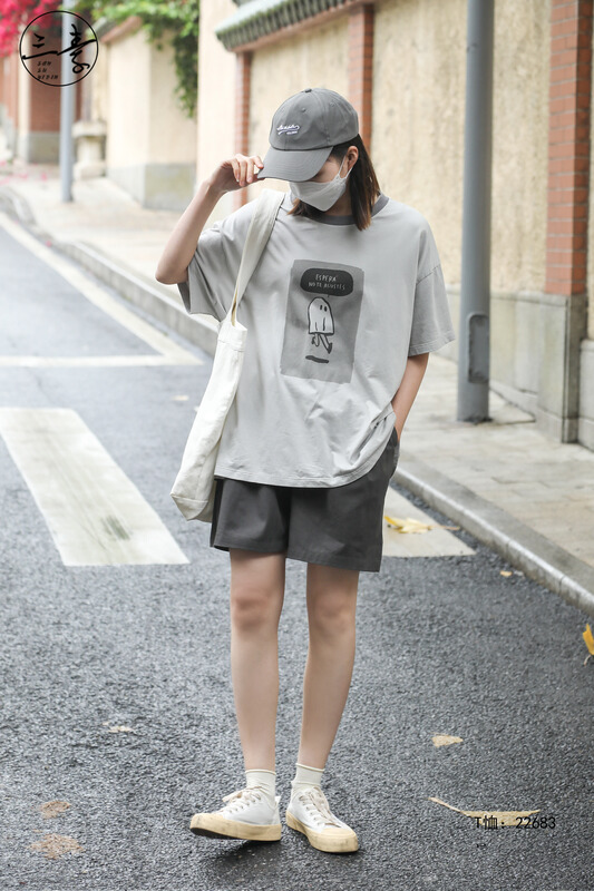 [original of three plain clothes] literary style casual print contrast short sleeve T-shirt 22683# XYJ
