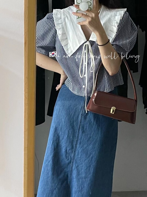 [free studio] Korean sweet baby collar plaid shirt 2377# hjy