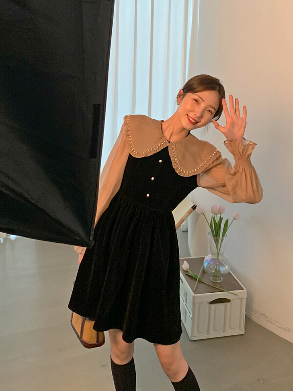 goods in stock! [new open] slim stitching fake two pieces of velvet small black skirt French retro doll neck dress hl93622# zxl