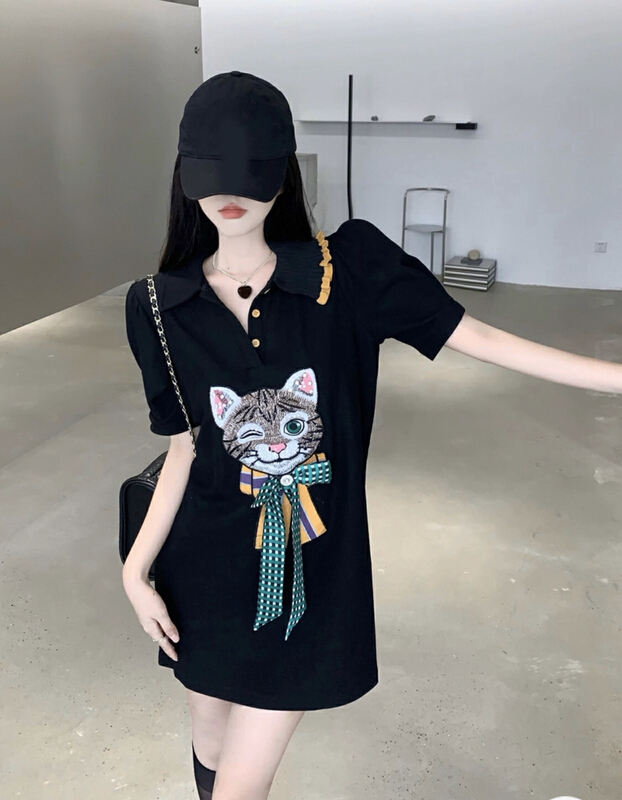 [S.J] cat Polo neck cartoon loose casual dress 6863# LSW
