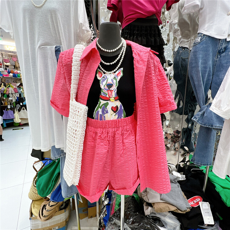 [mozr] simple loose short sleeved shirt + fashionable tight Waist Shorts Set (only suit) 22130# XYJ