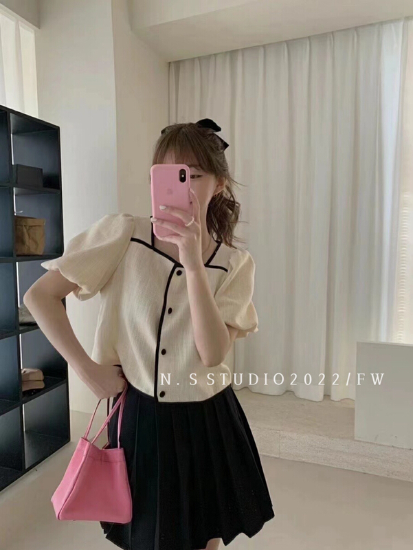 [N.S] Korean style versatile color contrast edge square neck shirt 870# WPL