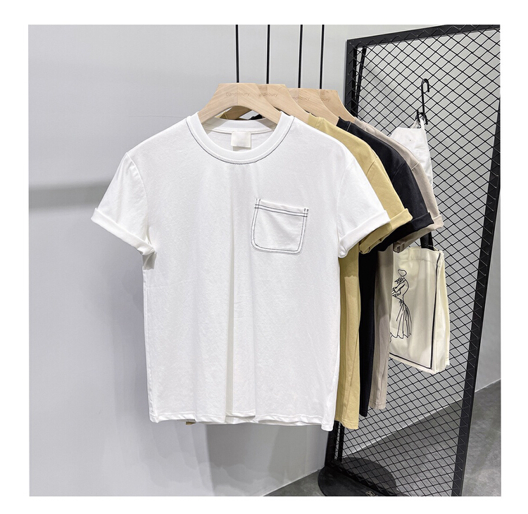 [Yeyue] Korean color matching edge single pocket short sleeve T-shirt a821# ZZL