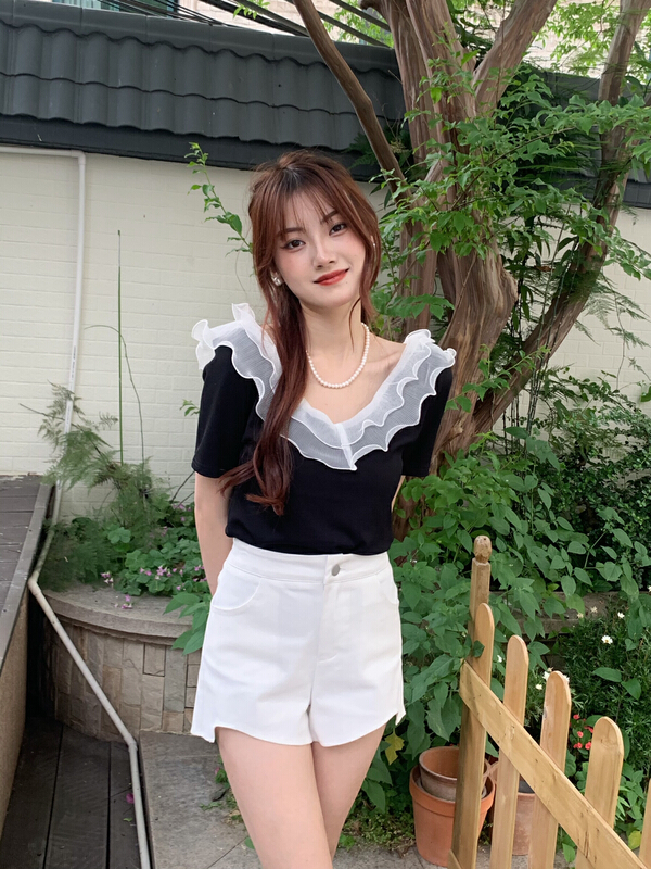 [as] double layer mesh V-neck Ruffle stitched short sleeve T-shirt 2173# hjy
