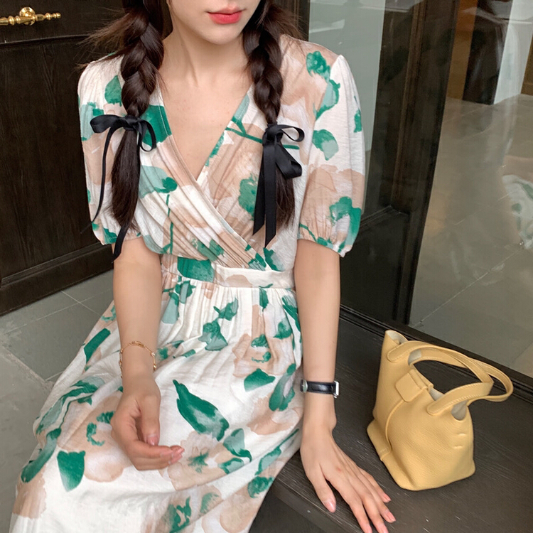 [timely rain] Han Feng ins French retro flower waist closing thin V-neck loose dress ys1-00464# WPL