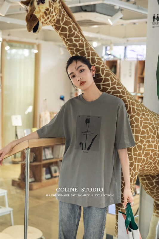 [Coline] Korean round neck print short sleeve T-shirt 2179# hyy