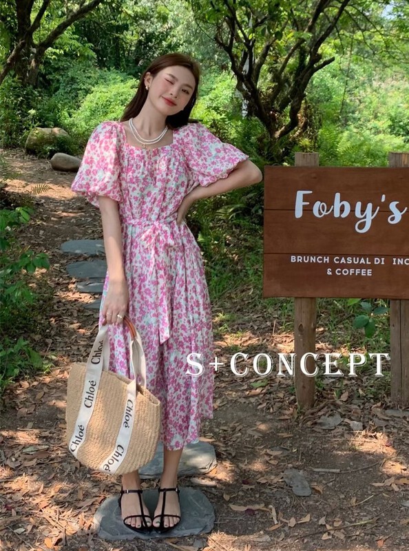 [S +] Korean printed square neck bubble sleeve dress (with belt) 8703# cqw