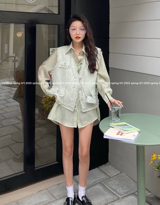 Original price 198.99! [Ivy] simple and versatile shirt + small fragrance vest two-piece suit (with bag) 88031# XJ