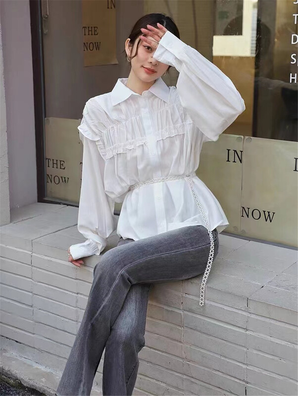 [one by one] Korean version pleated design solid color shirt 20210# cqw