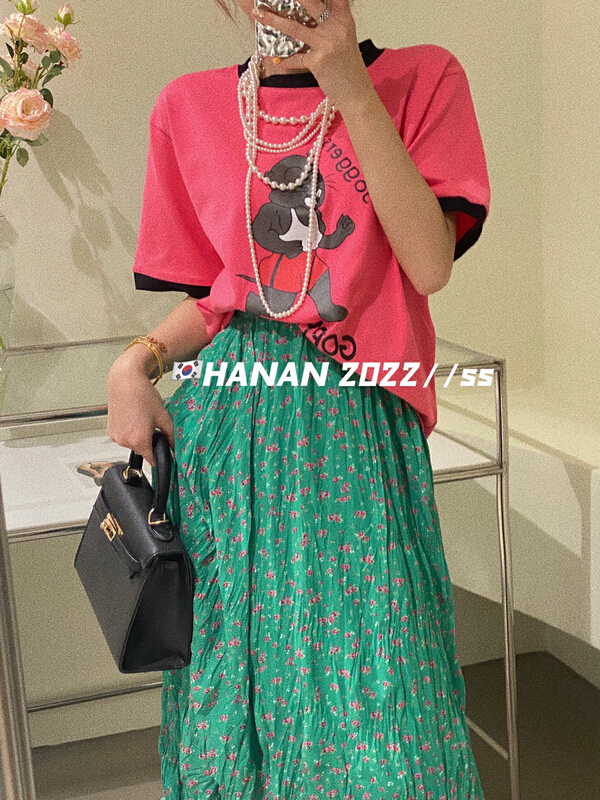 初夏新款!【HANAN】撞色卡通印花拼色短袖T恤  6962#  LSL