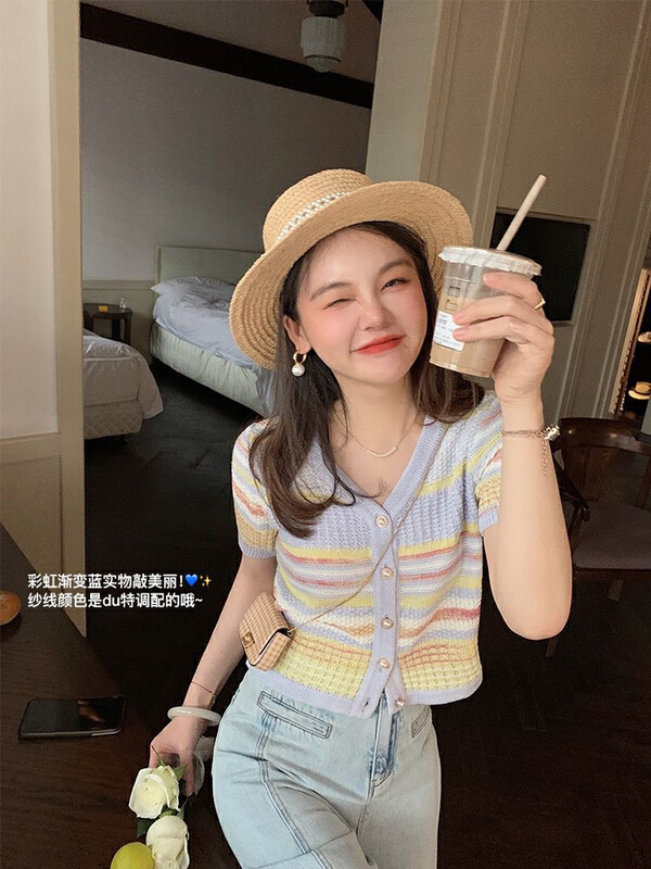 [f · P] rainbow color contrast thin short sleeve versatile knitted cardigan 2242# HBx