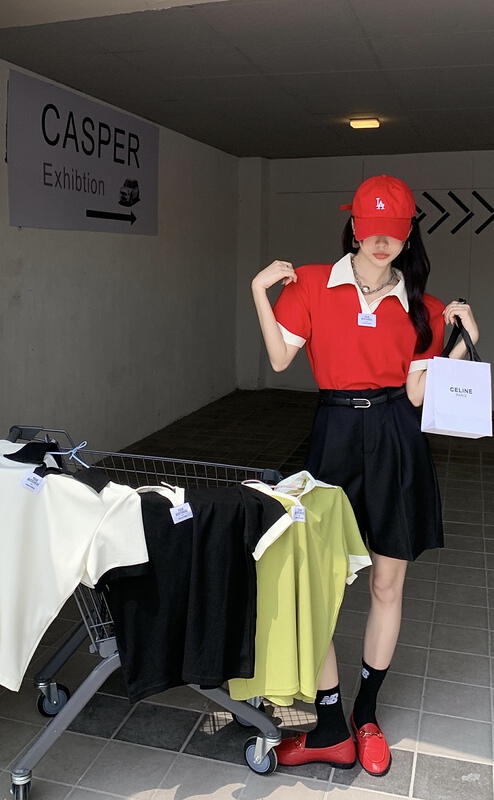 [our] new color contrast Polo neck small V-neck label simple short sleeve T-shirt (T-shirt only) ys1-10009# LSW
