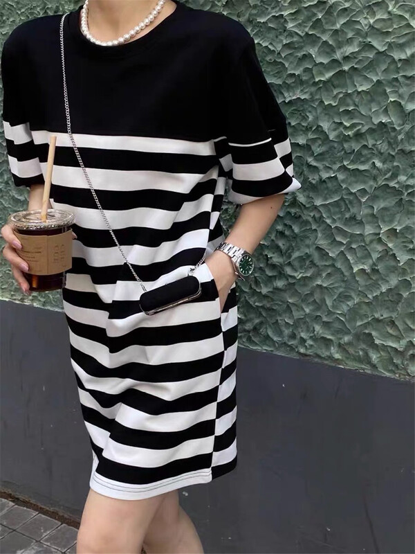 [Sumi] Korean black and white contrast stripe short sleeved dress (with bag) ys1-22156# zjy
