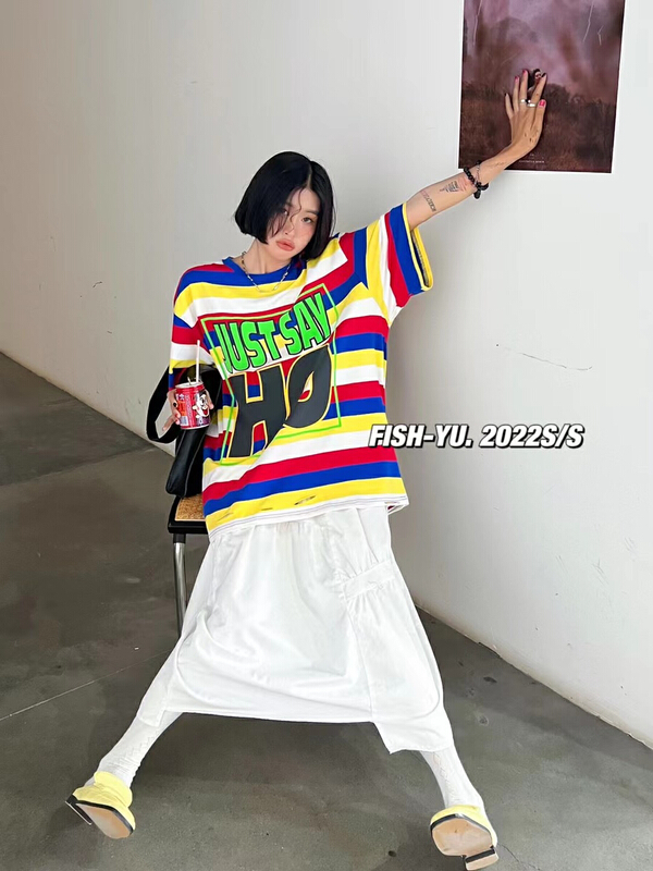 New in early summer! [fish Yu] three dimensional foaming letter printing Rainbow Stripe short sleeve T-shirt 22128# LSL