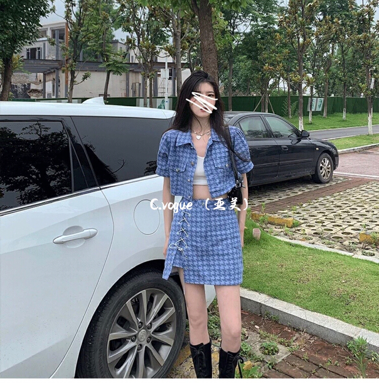 [c.vogue] Korean cowboy thousand bird grid coat + design sense split skirt suit 2388# PCZ