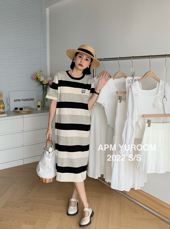 [APM yuroom] Korean contrast stripe casual embroidery dress 22210# LSL