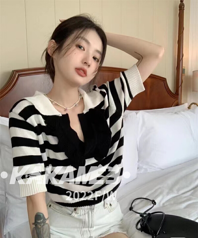 [kakamee] summer design wooden ear Lapel contrast striped knitwear (knitwear only) ys1-230# LSL