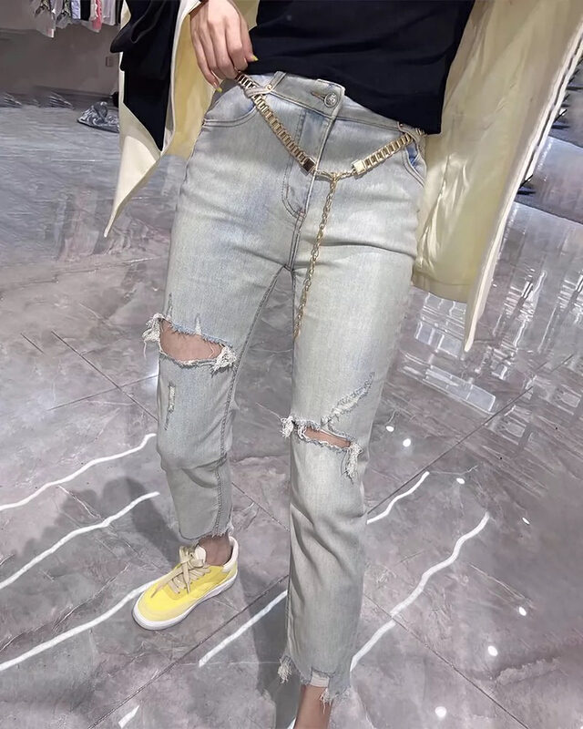 [okd] Korean fashion straight tube worn hole jeans (with waist rope) 52653# zxl
