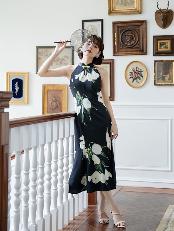 [Joyce stang] stand collar floral buckle dress 21154# JJ