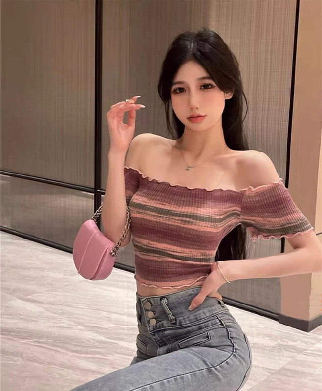 [dl. Am] fashion stripe off shoulder short style slim fit short sleeve sweater 80178# WPL