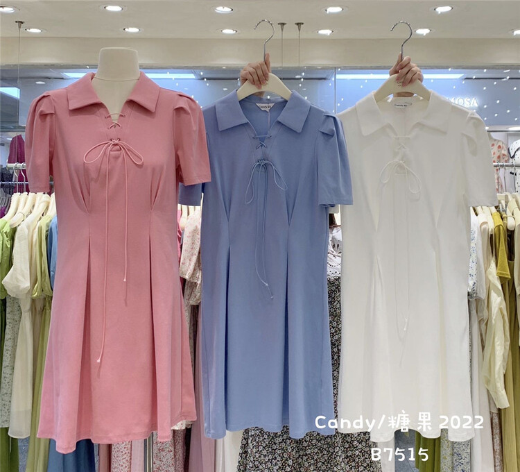 [candy] Korean sweet polo collar lace up dress 7515# zjy