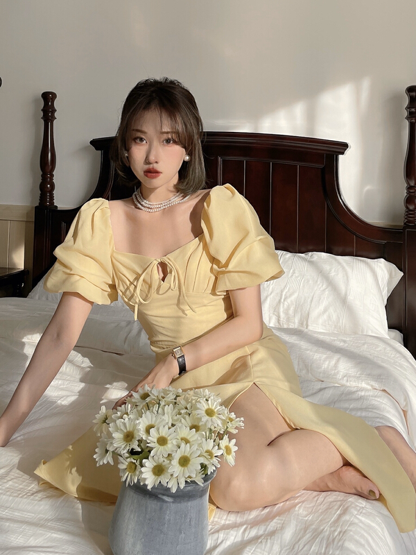 [J2. J1wg] French Square Neck Lace Up Dress 22132# cqw