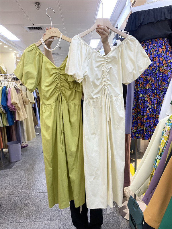 goods in stock! New in early summer! [Fuyue] Korean V-neck drawstring dress 22055# HBx