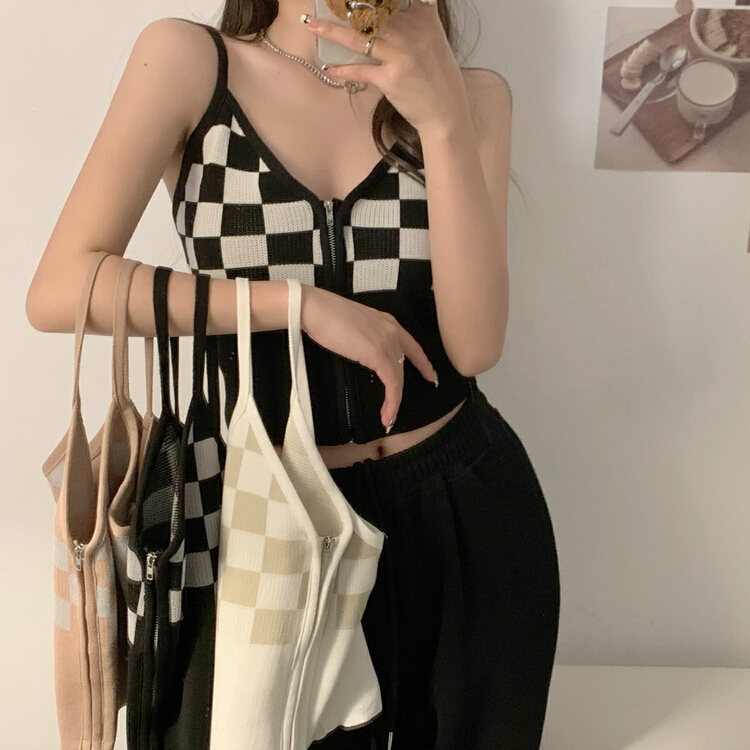 [F.P.] checkerboard lattice zipper suspender vest 99010# HBx