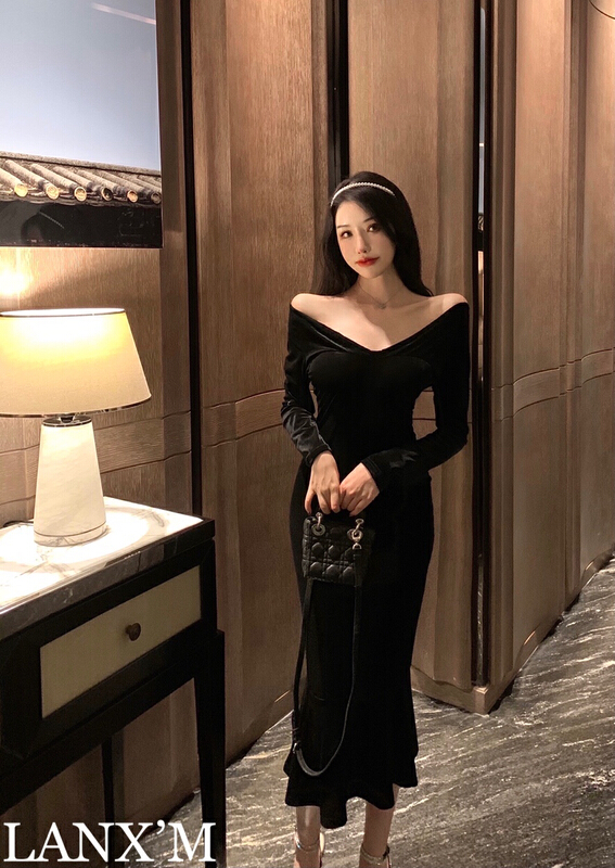 [lanxm] slim and slim velvet dress 16067# cqw