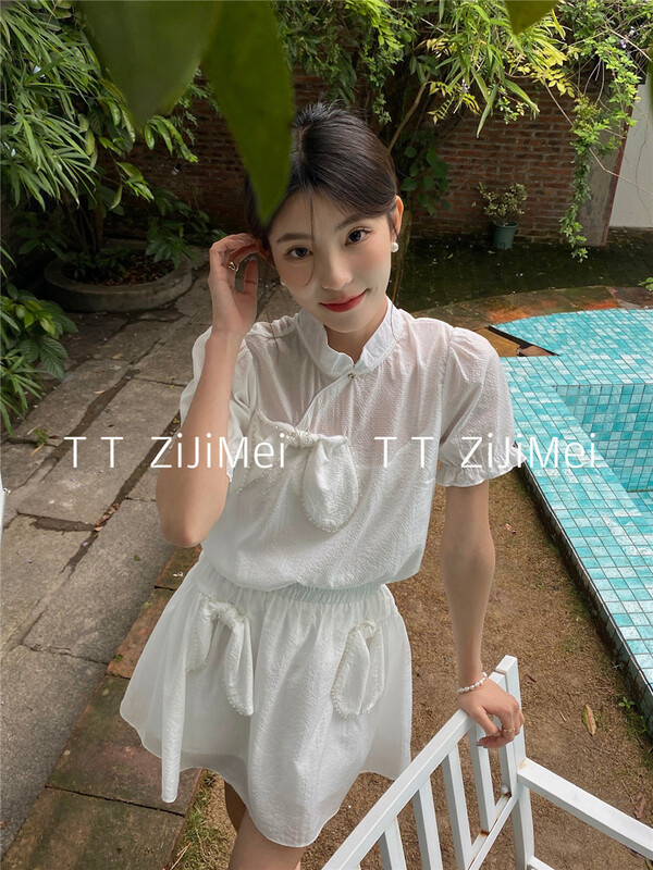 [self beauty] Korean style heavy industry bubble sleeve stand collar shirt + elastic waist skirt suit ys1-6235# hjy