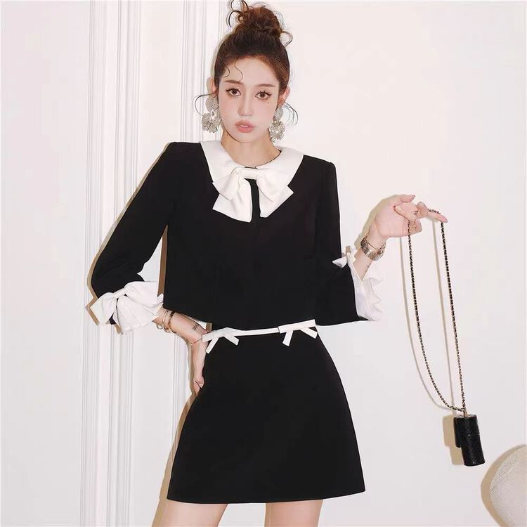 New in early spring! "SHE U" design feeling light luxury bow color matching suit slim Joker comfortable skirt suit c88081# CQW