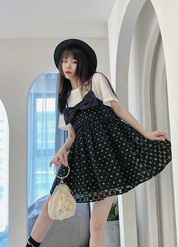 [twins] sweet wind bow jacquard baby dress suspender dress 8057\hjy