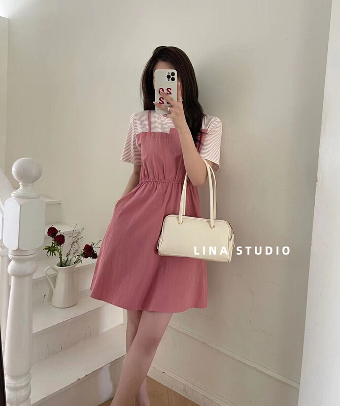 New in early summer! [Lina] Korean fake two piece drawstring dress 8854# zxx