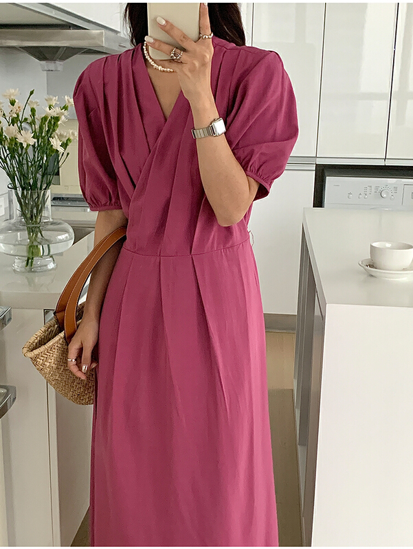 [the mind] simple temperament V-neck lace up waist closing dress 60303# XYJ