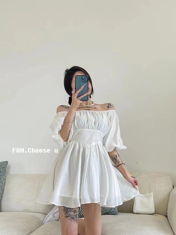 [SME +] Korean version solid color waistband one-line collar dress 5309# CSX