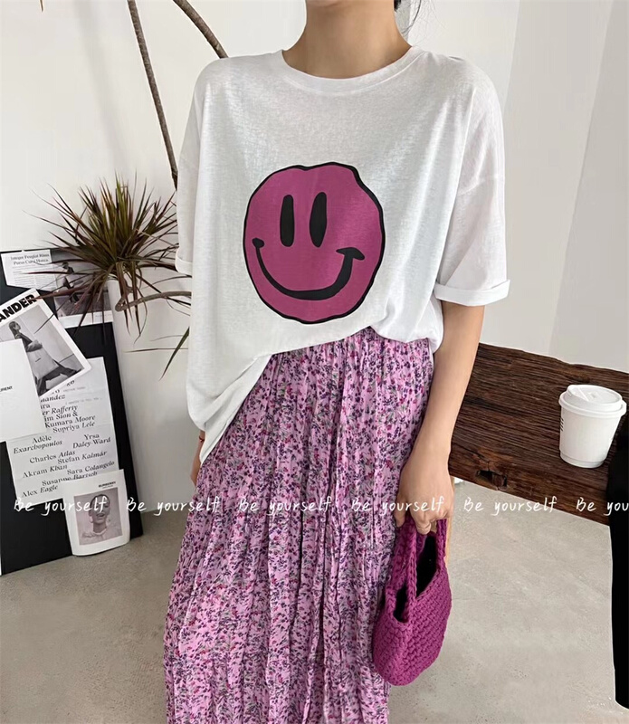 New in early summer! [be your self] Korean round neck loose smiling face printed short sleeve T-shirt 66153# hyy