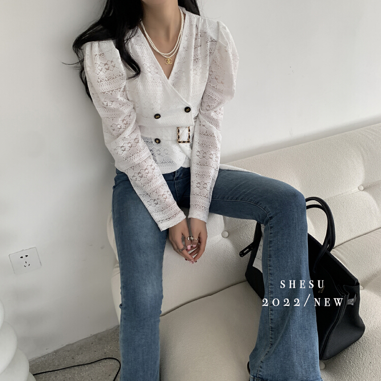 New year in early spring! [she Su] Korean style V-neck chiffon shirt (with belt) 6968# zxx